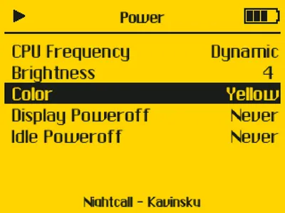 Trimpod Classic Power settings in the yellow theme showing CPU Frequency, Brightness, Color, Display Poweroff, and Idle Poweroff