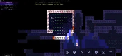 Brogue CE Android gameplay on depth 2: player in a grassy room, message log reads 'You defeated the kobold; you see a rat. You found 121 pieces of gold. You now have a mauve potion.'