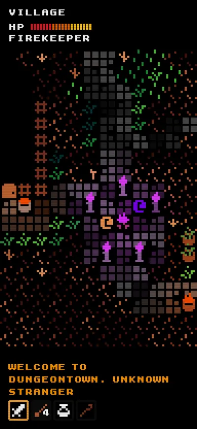 Dungeon 1985 v1.0.9 on Android: Dungeontown village, player greeted as 'Firekeeper, unknown stranger'