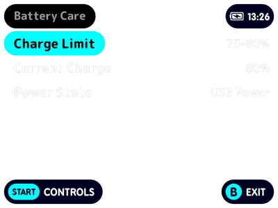 TrimUI Battery Care menu showing the charge-limit setting