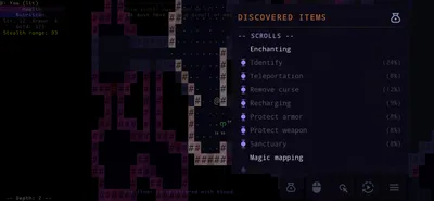 Brogue CE Android Discovered Items menu open over a dungeon on depth 2, listing identified scrolls — Enchanting, Identify, Teleportation, Remove curse, Recharging, Protect armor, Protect weapon, Sanctuary, Magic mapping — each with its drop-rate percentage