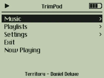 Trimpod Classic main menu in the green theme with Music, Playlists, Settings, Exit, and Now Playing, and a now-playing track ticker at the bottom