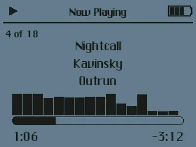 Trimpod Classic Now Playing screen showing track 4 of 18, Nightcall by Kavinsky, with a live audio spectrum and progress bar