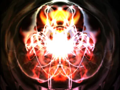 Trimpod Classic Milkdrop visualizer rendering a symmetric fiery bloom of light